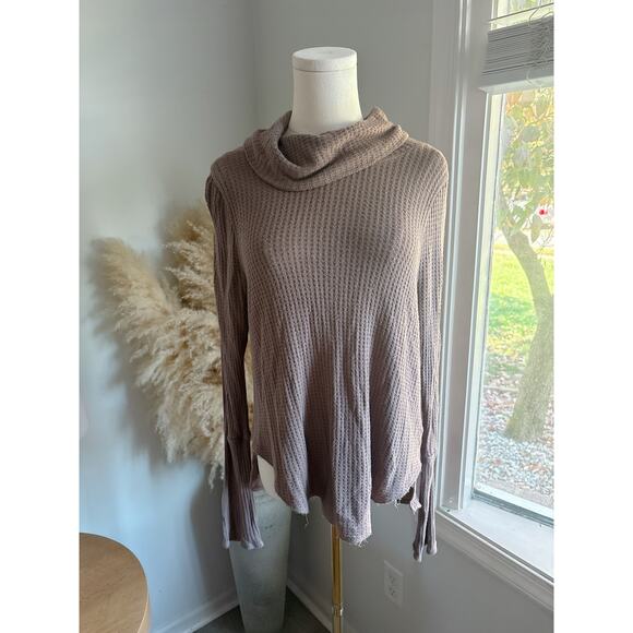 Free People Kristina Drippy Thermal Cowl Neck Top Mushroom Small - Picture 2 of 9